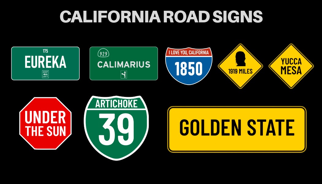 Collection of illustrated California road signs including Eureka, Calimarius, Highway 39, and Golden State